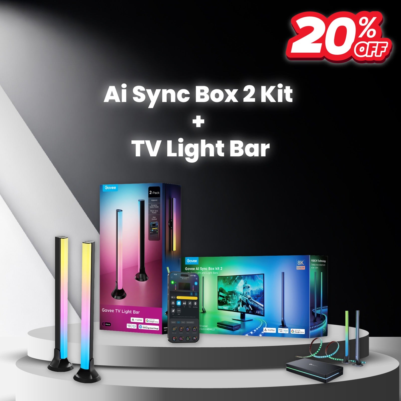 goSmart Asia Govee TV and Monitor Light Bars (45-70') AI Sync Box Kit 2【EU PLUG】RGBIC Wifi RGB Light LED Light Lampu Light Bar Lampu Hiasan