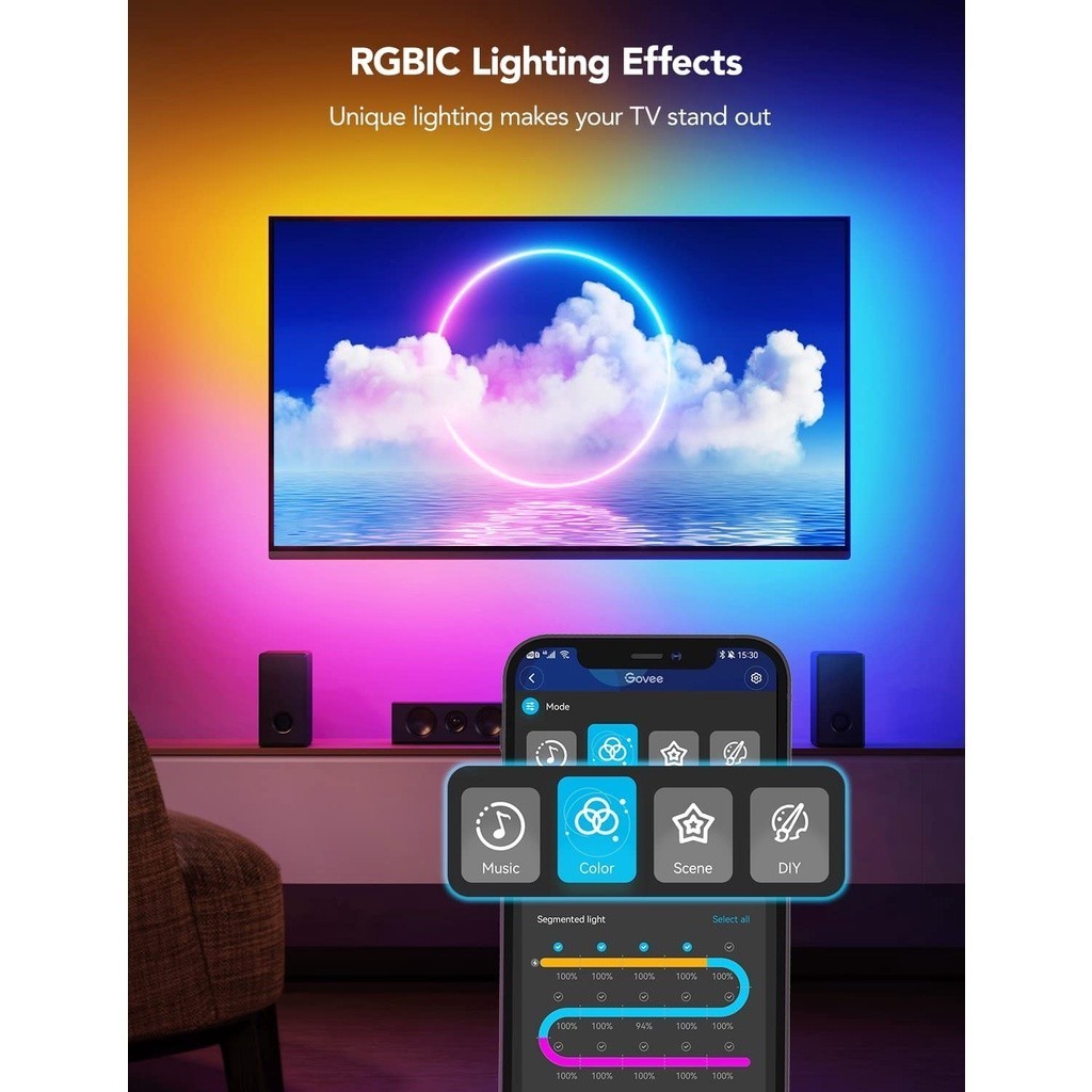 goSmart Asia Govee RGBIC Lampu Belakang TV Neon 45-55 inci(4 sisi) 65-75 inci(3 sisi) Lampu latar TV LED Light Strip Lampu Pintar