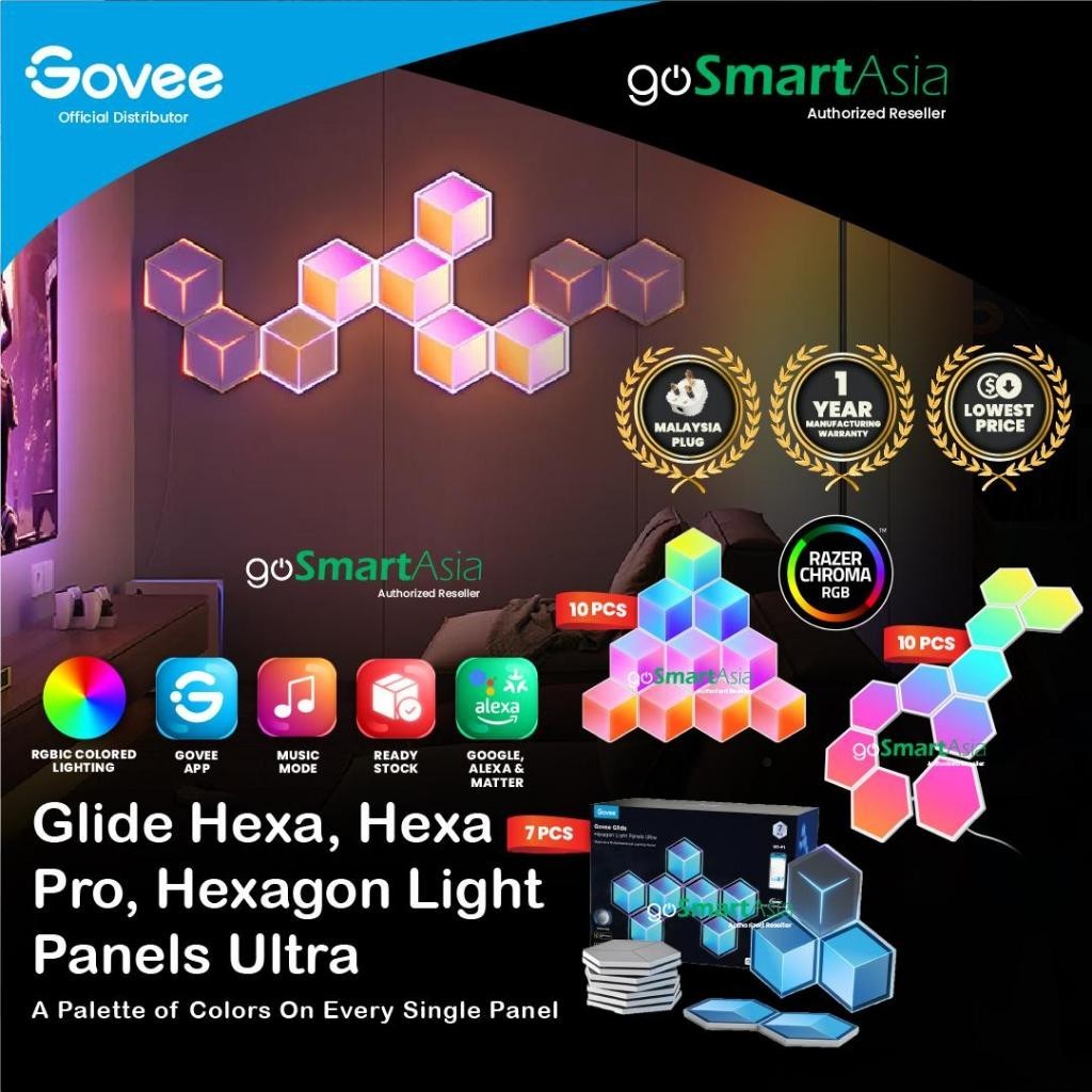 goSmart Asia Govee Hexa/Hexa Pro 7 Pcs Smart LED Hexagon Wall Lights Wifi Gaming Light Lampu Dinding