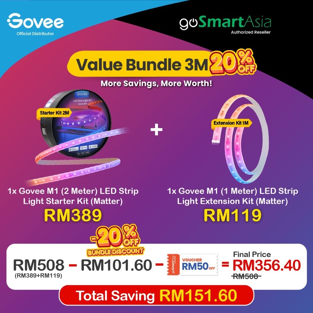 goSmart Asia Govee M1 5M/2M Lampu Jalur LED RGBICW Penting Serasi Apple HomeKit Lampu Jalur LED Boleh Dilanjutkan Lampu LED
