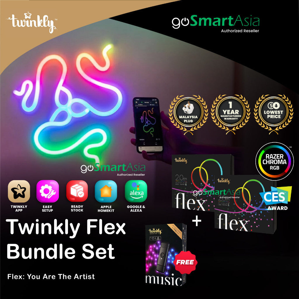 goSmart Asia [DONGLE MUZIK PERCUMA] Twinkly Flex Bundle | Jalur Lampu Neon (2mx2Sets) Jalur Lampu LED Lampu Permainan Cahaya RGB