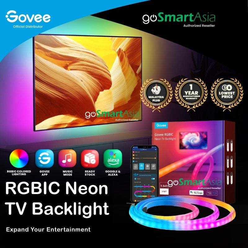 goSmart Asia Govee RGBIC Lampu Belakang TV Neon 45-55 inci(4 sisi) 65-75 inci(3 sisi) Lampu latar TV LED Light Strip Lampu Pintar