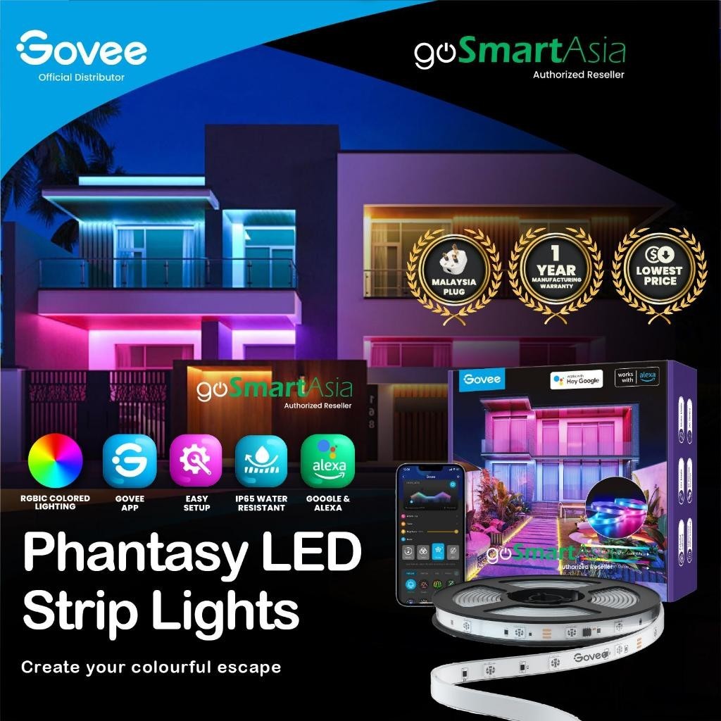 goSmart Asia Govee Phantasy Lampu Jalur LED Luaran 10M dengan Lampu LED RGB Wi-Fi Lampu Hiasan Lampu LED