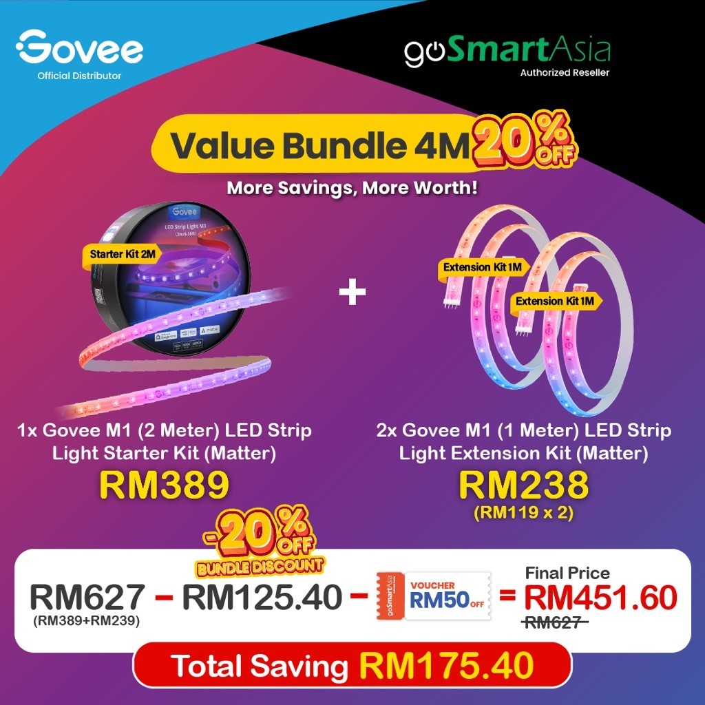 goSmart Asia Govee M1 5M/2M Lampu Jalur LED RGBICW Penting Serasi Apple HomeKit Lampu Jalur LED Boleh Dilanjutkan Lampu LED