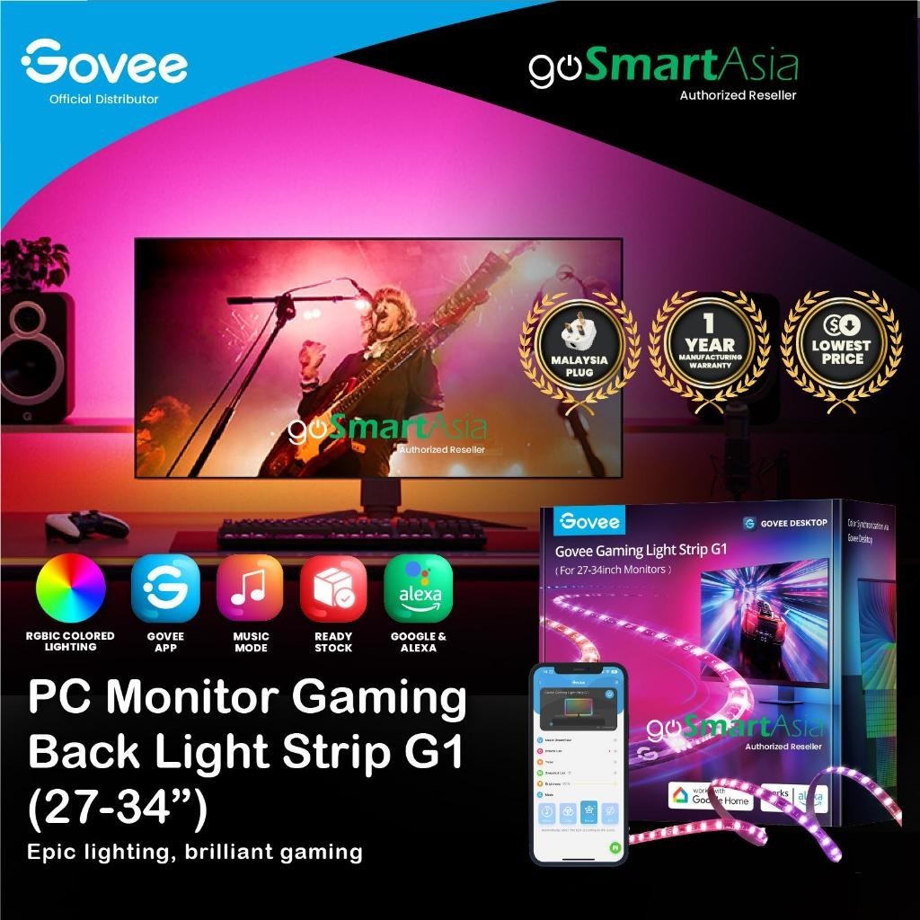goSmart Asia Govee PC Monitor Gaming Backlight Strip G1 Monitor Backlight for 27-34" PC RGB Light LED Light Lampu Hiasan