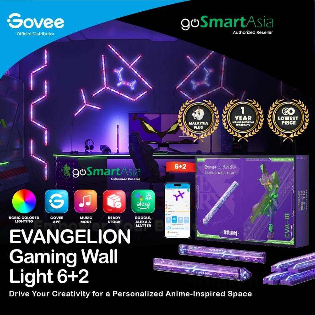 goSmart Asia Govee Gaming Wall Light (4+1) 【EU Plug】 & EVANGELION  (6+2) RGBIC Smart LED Light Bars | Support Matter