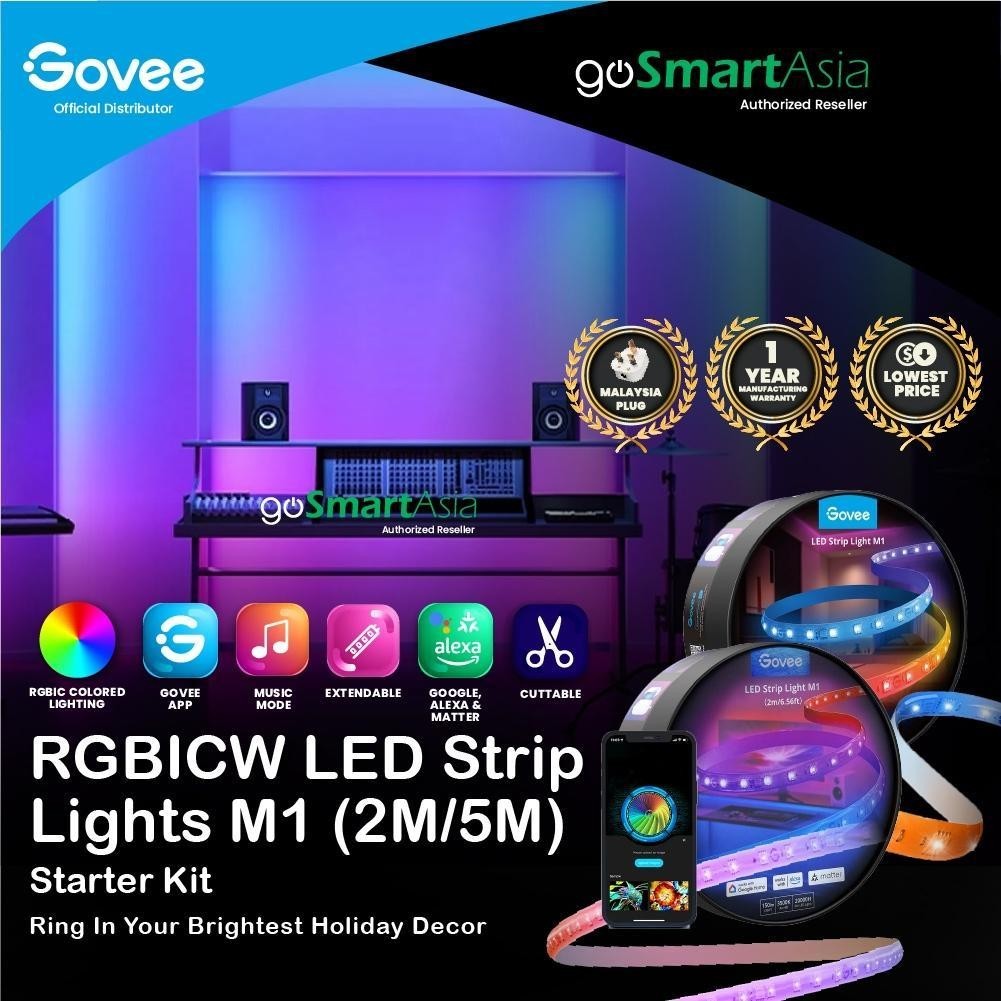 goSmart Asia Govee M1 5M/2M Lampu Jalur LED RGBICW Penting Serasi Apple HomeKit Lampu Jalur LED Boleh Dilanjutkan Lampu LED