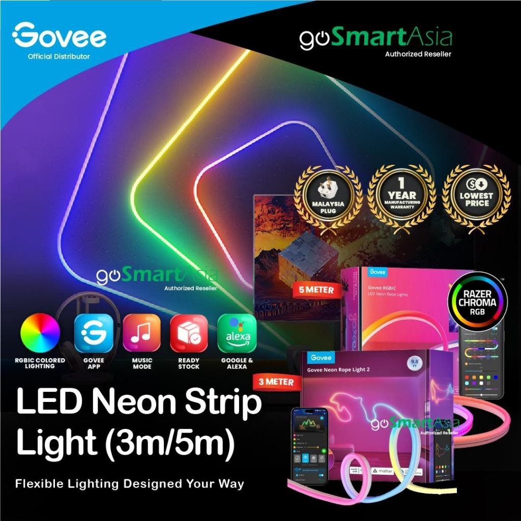 goSmart Asia Govee 3m/5m Neon Strip Light with Music Sync DIY Lighting Mode LED Light Strip RGB Light Gaming Light