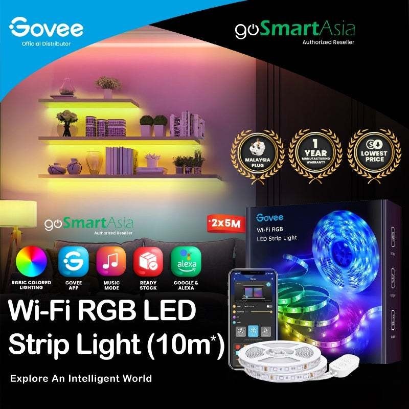 goSmart Asia Govee 10meter RGB LED Strip Lights 32.8ft(2 x 5M) LED Light Strip RGB Light Gaming Light Lampu Dinding