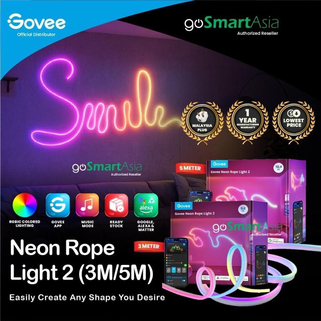goSmart Asia Govee Neon Rope Light 2 3M/5M w/ Music Sync Matter DIY Lighting Mode LED Light Strip RGB Light Gaming Light