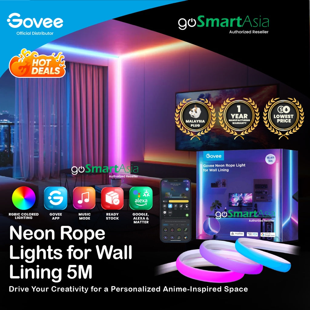 goSmart Asia Govee Neon Rope Light for Wall Lining 5M w/ Music Sync Matter DIY Lighting Mode LED Light Strip RGB Light